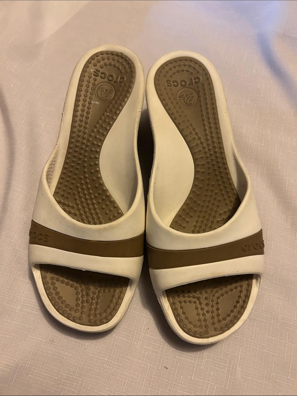 CROCS Women's White Slide Sandals with Brown Stripe
